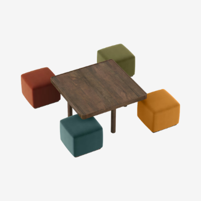 Picture of Tetra Square Solid Wood Coffee Table With Seats In Danish Walnut Finish In Multicolour Fabric