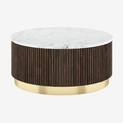 Picture of Aurora Round White Marble And Solid Wood Coffee Table In Java Walnut Finish