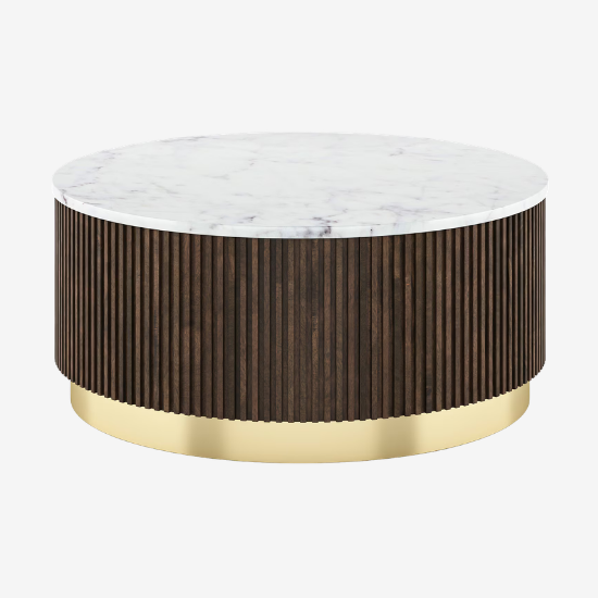 Picture of Aurora Round White Marble And Solid Wood Coffee Table In Java Walnut Finish