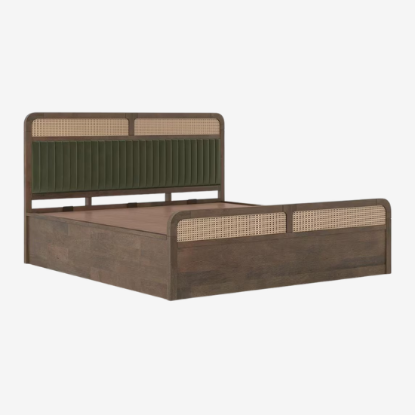 Picture of Hanoi Solid Wood Cane King Size Hydraulic Storage Bed In Amber Walnut Finish with Shitake Beige Colour