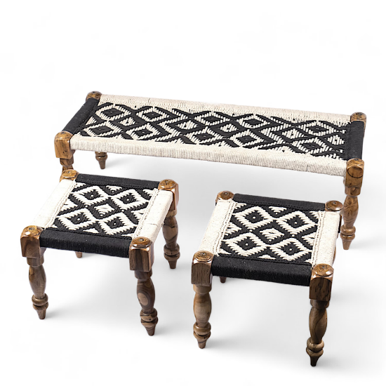 صورة Hamilton Solid Wood Maachi Bench set with 2 Stools in Black & White Canning