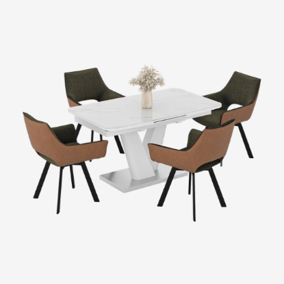 Picture of Caribu 4 to 6 extendable dining table, Finish - White marble color High Gloss with set of 6 Casey Swivel Dining Chair in Dual Tone