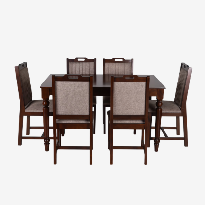 صورة Globally Indian Compact Wooden 6 Seater Dining Table Set – Comfortable 6 Upholstered Seat and Back in Brown Sapphire
