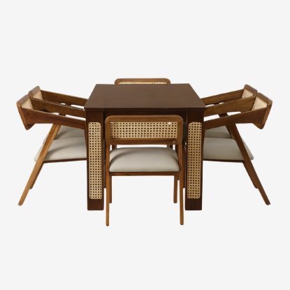 صورة Globally Indian Sheesham Wood 6 Seater Dining Table Set With 6 Cushioned Cane Armchairs – Beige Color